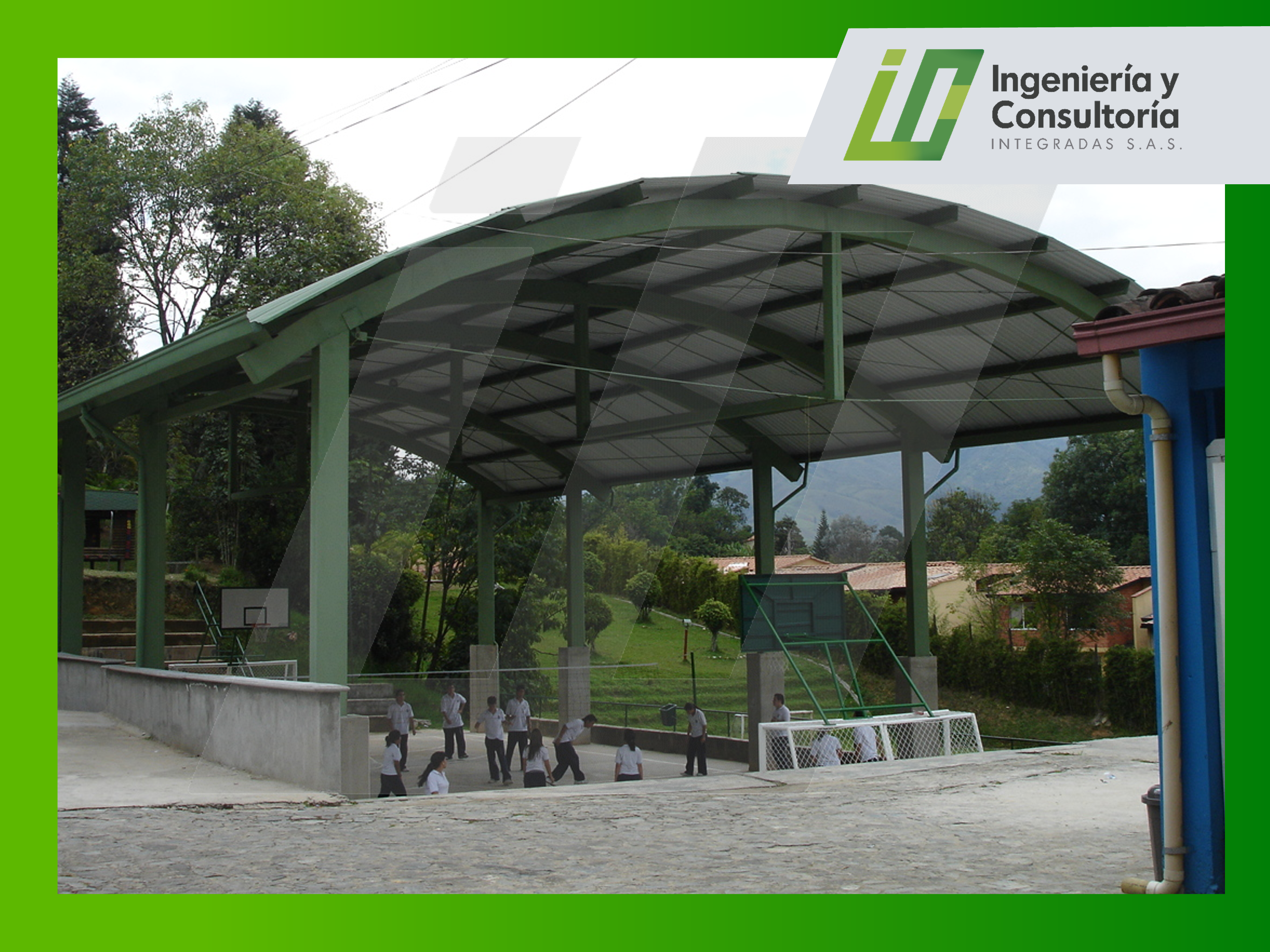 Cubierta sobre placa polideportiva en el colégio los Almendros, uso institucional, uso educativo, deportivo y cultural, area 452 m²