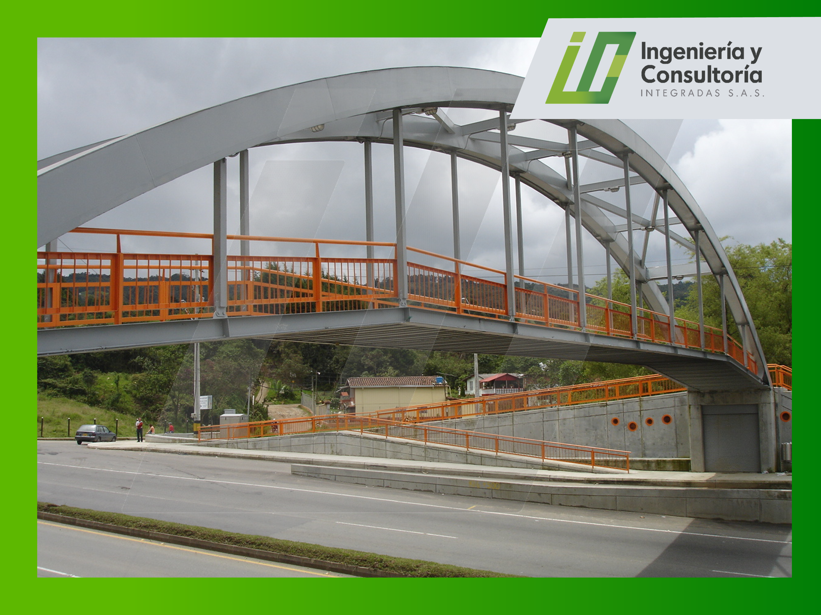 Diseño estructura de acero y de hormigón en puentes de la autopista Medellín Bogota, area de cada puente 896 m², total de puentes 17, Estructura principal en arcos de sección rectangular armados, tablero en sección compuesta.